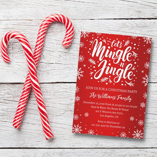 Lets mingle and jingle christmas party red white invitation