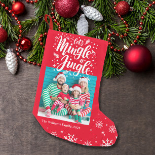 lets mingle and jingle,snowflakes family photo red small christmas stocking
