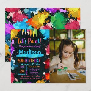 Let's Paint Art Birthday Party Black Photo Invitation