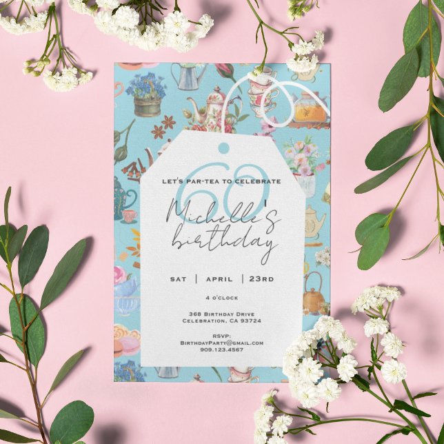 Let's Par Tea 60th Birthday Spring Floral Blue Invitation (Creator Uploaded)