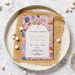 Let's Par Tea Any Age Birthday Garden Floral Pink Foil Invitation