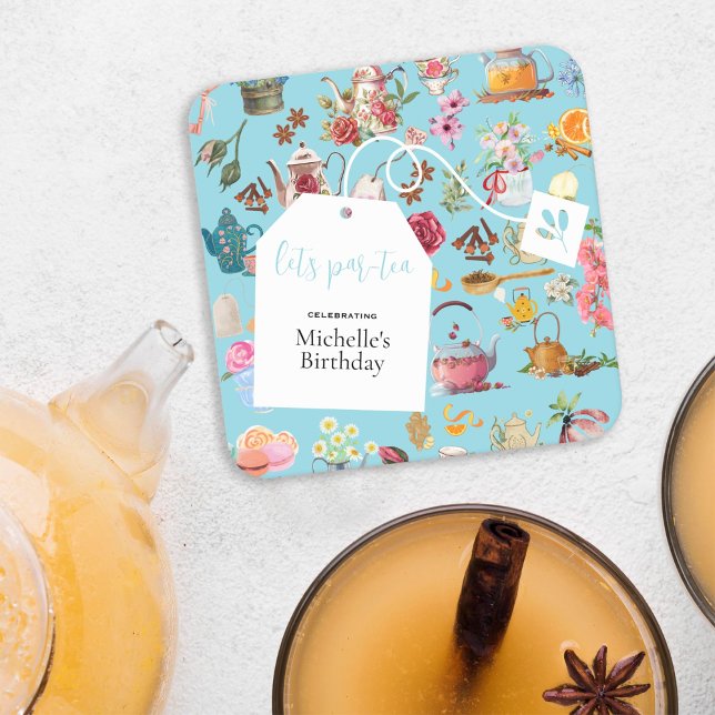 Let's Par Tea Blue Spring Floral Birthday Party   Square Paper Coaster (Creator Uploaded)