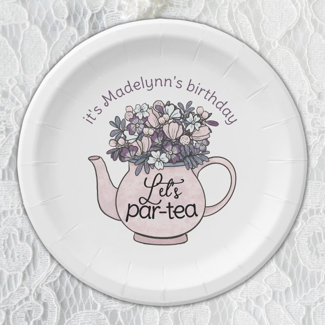 Let's Par-Tea Floral Teapot Girls Birthday Paper Plates (Girls Birthday Tea Party Plates)