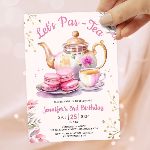 Lets Par_Tea Girl Pink Tea Birthday Party Invitation