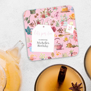 Let's Par Tea Pink Spring Floral Birthday Party   Square Paper Coaster