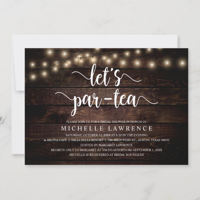 Let's Par-tea, Rustic Bridal Shower Tea Party Invitation (Front)