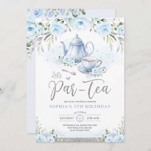 Lets Par_Tea Silver Baby Blue Birthday Tea Party Invitation