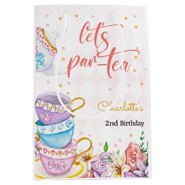 Let's par-tea, tea kids birthday medium gift bag (Front)