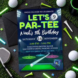 Let's Par-Tee 9th Birthday Glow Golf Party Neon Invitation