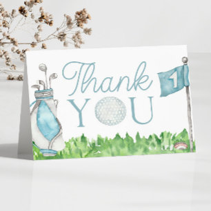 Let's Par-Tee Blue Golf Birthday Party Letterpress Thank You Card
