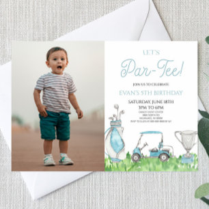 Let's Par-Tee! Blue Golf Picture Birthday Party Invitation