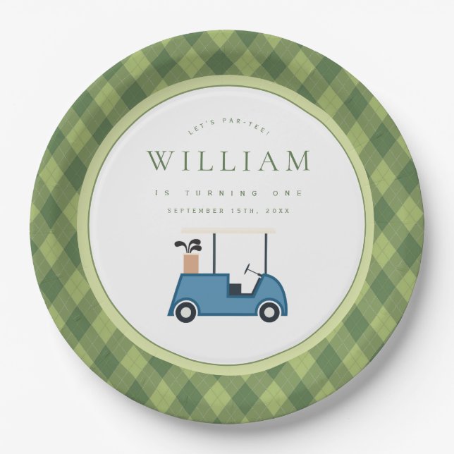 Let's Par Tee Golf Argyle Pattern First Birthday Paper Plates (Front)