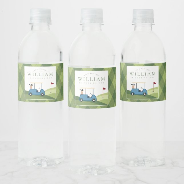 Let's Par Tee Golf Argyle Pattern First Birthday Water Bottle Label (Bottles)