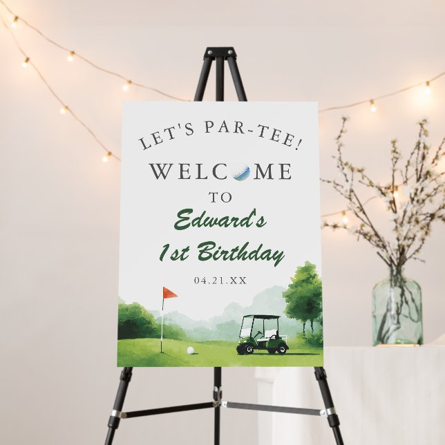 Let's Par-Tee Golf Buggy Birthday Welcome Sign (In Situ (Stand))