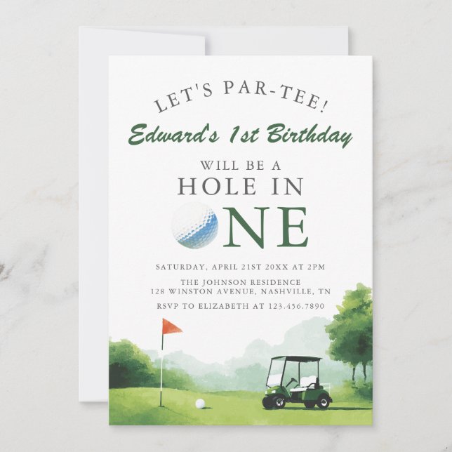 Let's Par-Tee Golf Buggy Fun 1st Birthday Invitation (Front)