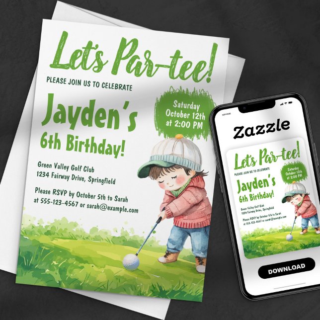 Let's Par-Tee Golf Themed Watercolor Boy Birthday Invitation (Creator Uploaded)