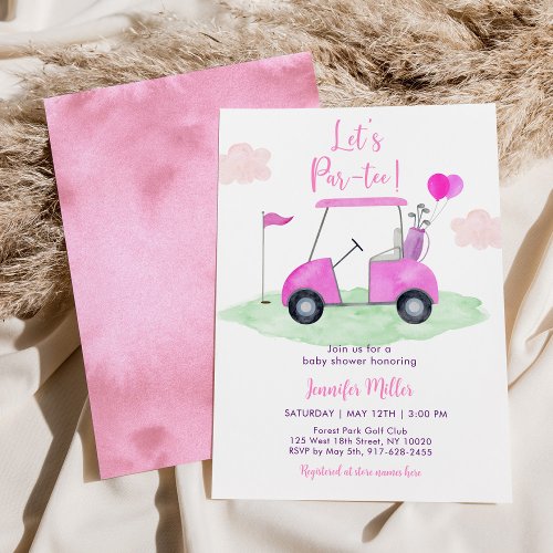 Lets Par_tee Pink Girl Golf Baby Shower Invitation