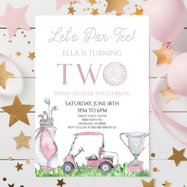 Let's Par-Tee Pink Golf 2nd Birthday Party Invitation (Creator Uploaded)