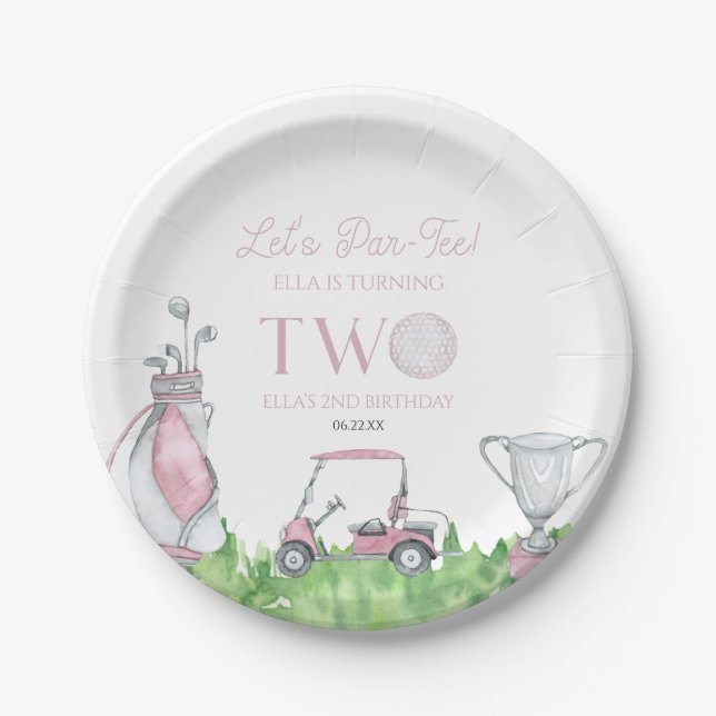 Let's Par-Tee Pink Golf 2nd Birthday Party Paper Plates (Front)