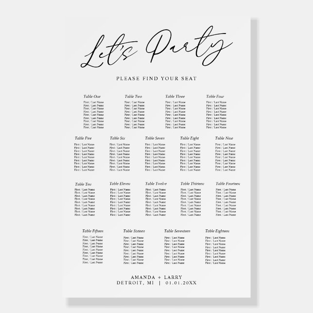 Let's Party 18 Table Wedding Seating Chart Foam Board (Front)