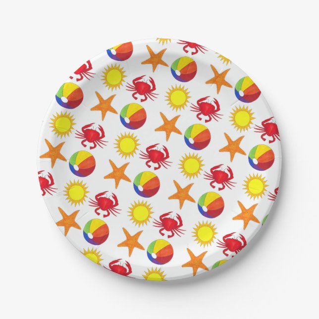 Let's Party! Beach Crab Starfish Beachball Sun Paper Plates (Front)