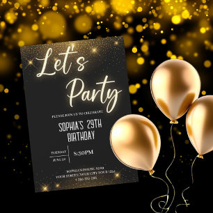 Let's Party Black and Gold Balloon Birthday Invitation