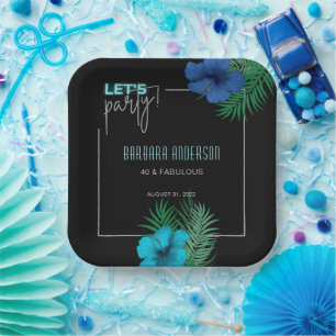 Let's Party Black Blue Neon Tropical 40th Birthday Paper Plates