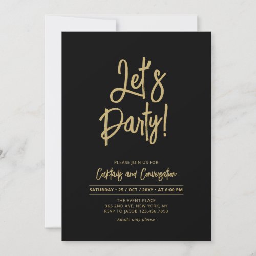 Lets Party  Black Chic Script Cacktail Party Invitation