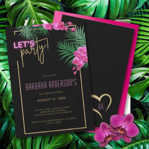 Lets Party Black Gold Neon Tropical 40th Birthday Invitation