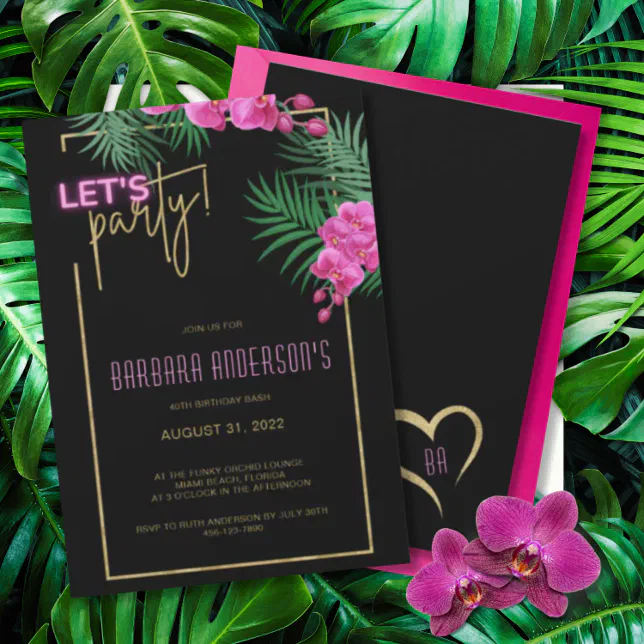 Let's Party Black Gold Neon Tropical 40th Birthday Invitation | Zazzle