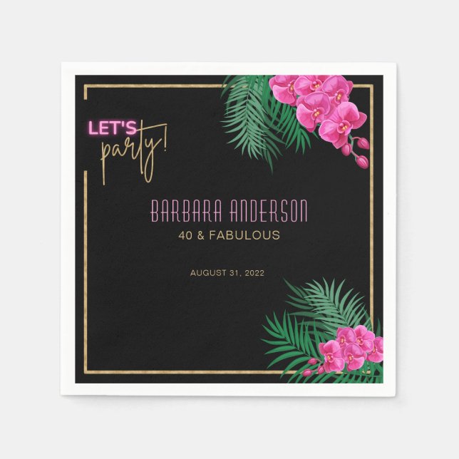 Let's Party Black Gold Neon Tropical 40th Birthday Napkins (Front)