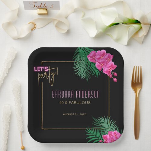 Lets Party Black Gold Neon Tropical 40th Birthday Paper Plates