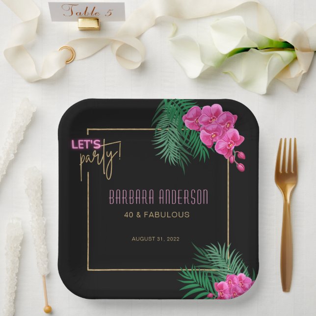 Let's Party Black Gold Neon Tropical 40th Birthday Paper Plates (Wedding)