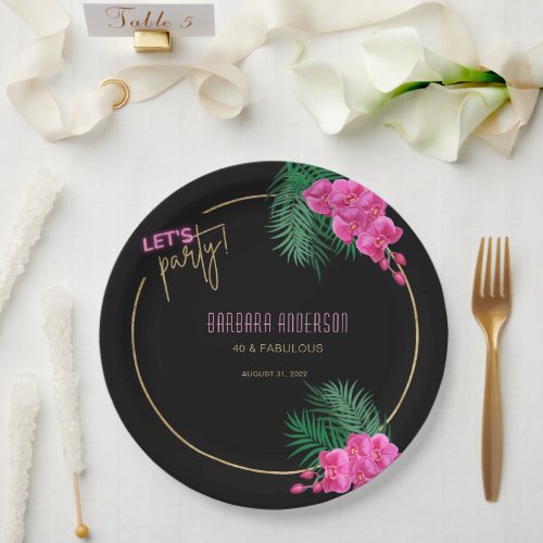 Lets Party Black Gold Neon Tropical 40th Birthday Paper Plates