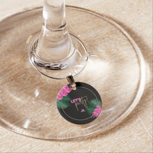 Lets Party Black Gold Neon Tropical Customized Wine Charm