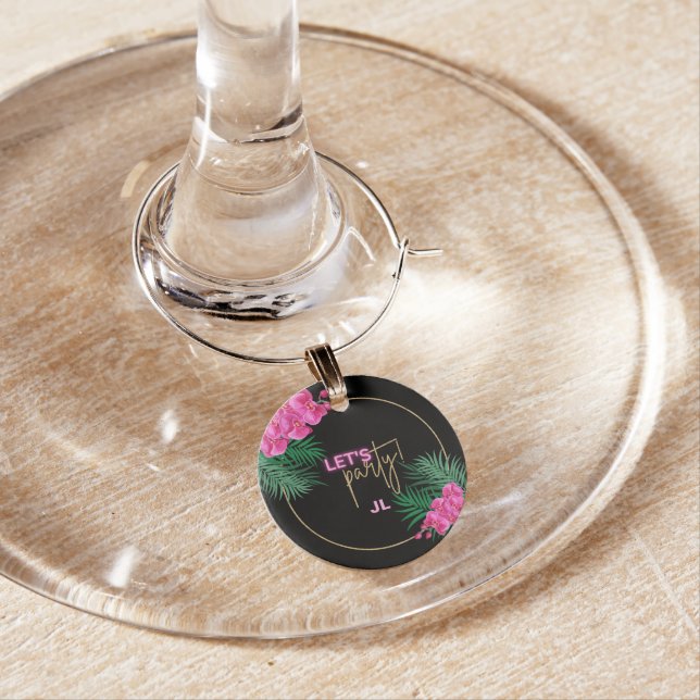 Let's Party Black Gold Neon Tropical Customized Wine Charm (In Situ)