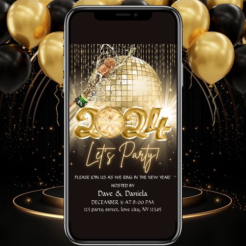 Lets Party Black Gold New Year Eve 2024 Invitation