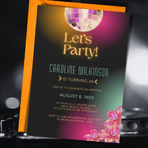 Let's Party Black Orange Neon 40th Birthday Invitation