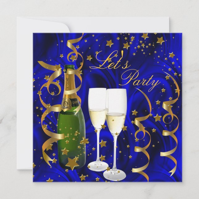 Let's Party Champagne Gold Stars Streamers Invitation (Front)
