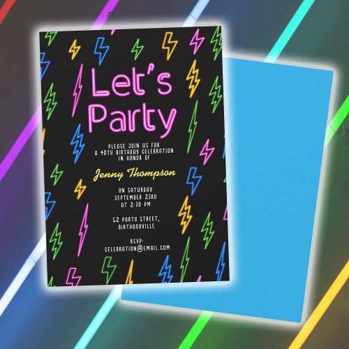 Lets Party Colorful 80s Retro Neon Birthday Invitation