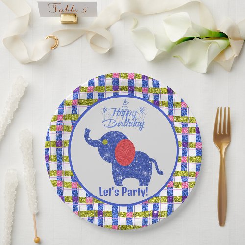 Lets Party Colorful Glitter  Elephant Brithday  P Paper Plates