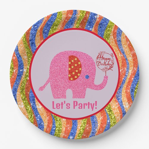 Lets Party Colorful Glitter  Elephant Brithday  Paper Plates