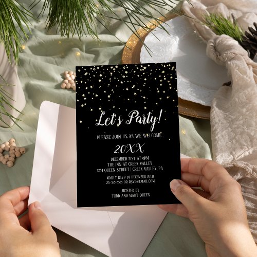 Lets Party Confett on Black New Years Eve Gold Foil Invitation