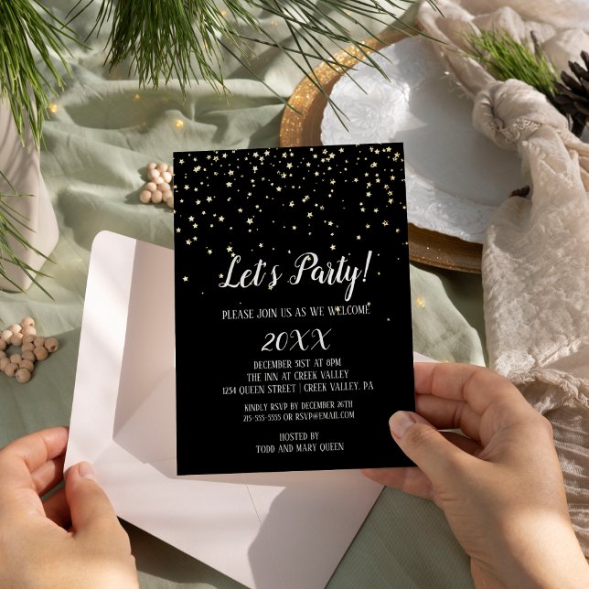 Let's Party Confett on Black New Year's Eve Gold Foil Invitation (Creator Uploaded)