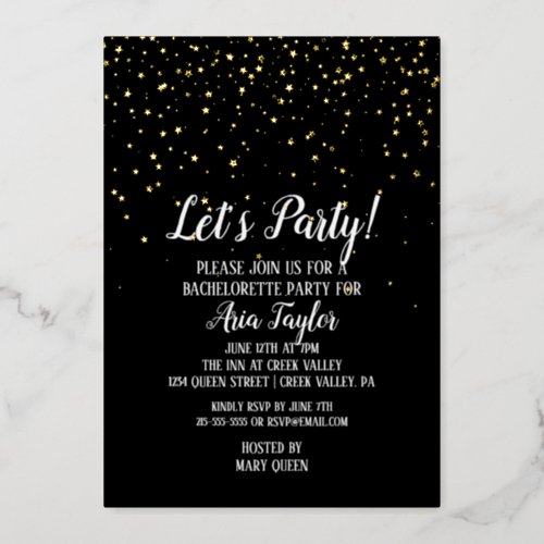 Lets Party Confetti on Black Bachelorette Gold Foil Invitation