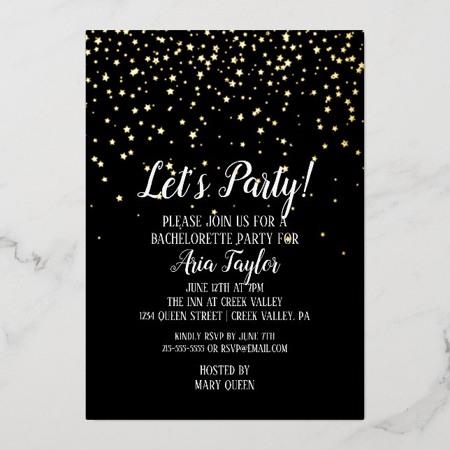 Let's Party Confetti on Black Bachelorette Gold Foil Invitation (Front)
