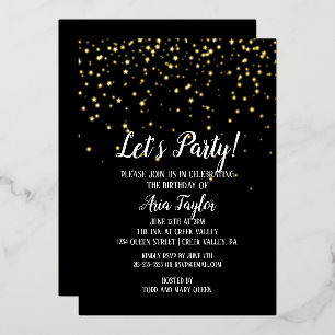 Let's Party Confetti on Black Birthday Party Gold Foil Invitation
