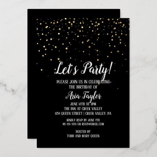 Lets Party Confetti on Black Birthday Party Gold  Foil Invitation