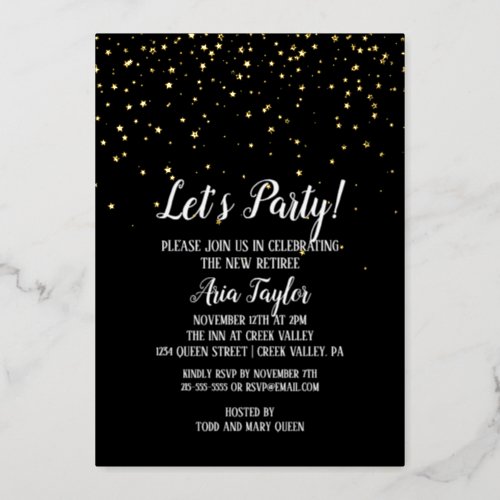 Lets Party Confetti on Black Retirement Gold Foil Invitation