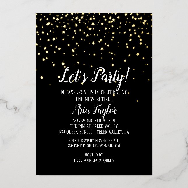 Let's Party Confetti on Black Retirement Gold Foil Invitation (Front)